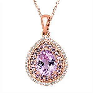 D'Joy AAAA Patroke Kunzite and Multi Gemstone 4.00 ctw Rose Halo Empress Pendant Necklace in 18K Vermeil Rose Gold Over Sterling Silver 20 Inches (Del. in 8-10 Days) 