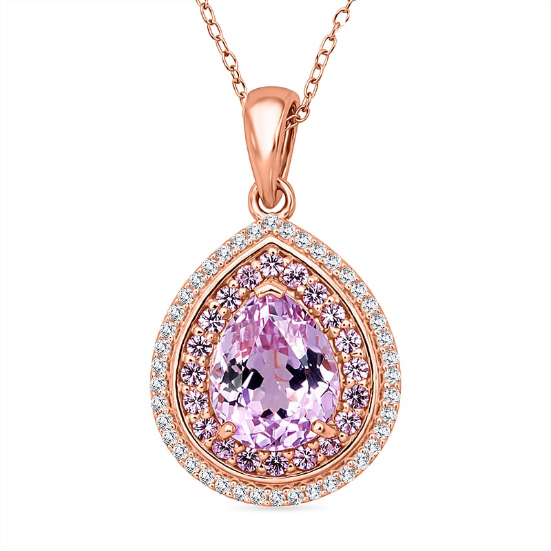 D'Joy AAAA Patroke Kunzite and Multi Gemstone 4.00 ctw Rose Halo Empress Pendant Necklace in 18K Vermeil Rose Gold Over Sterling Silver 20 Inches
