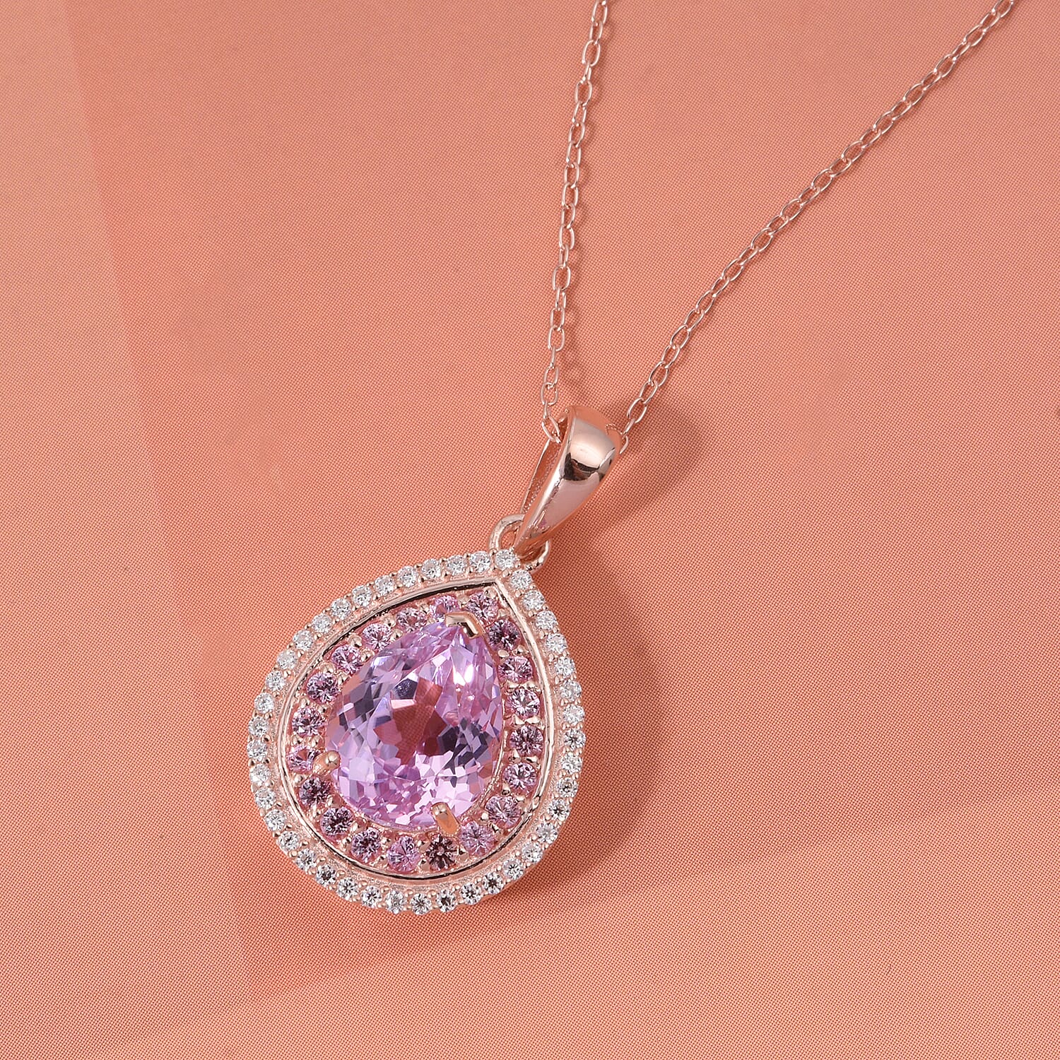 D'Joy AAAA Patroke Kunzite and Multi Gemstone 4.00 ctw Rose Halo Empress Pendant Necklace in 18K Vermeil Rose Gold Over Sterling Silver 20 Inches