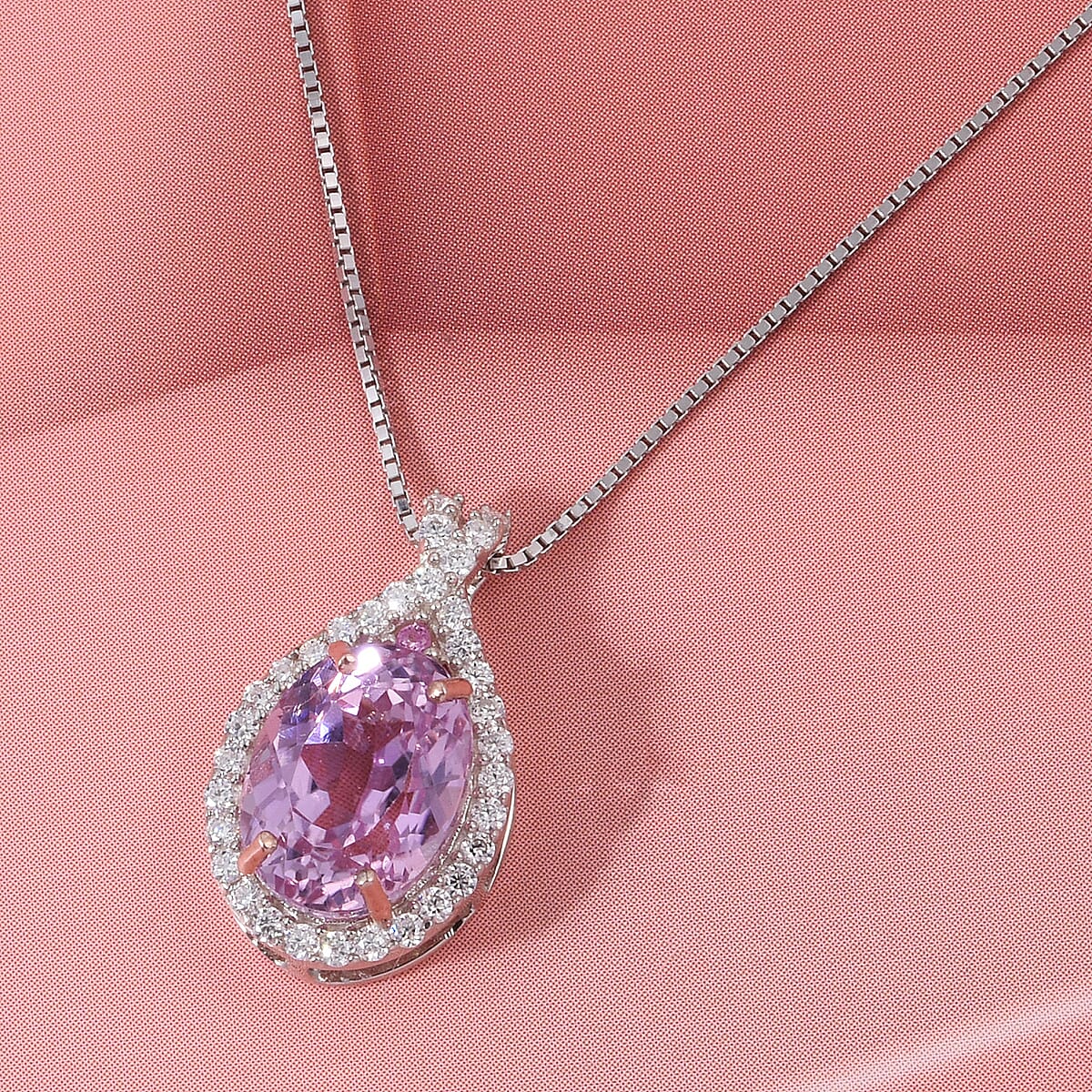 D'Joy AAAA Patroke Kunzite and Moissanite 2.70 ctw Blush Infinity Crown Pendant Necklace in Rhodium Over Sterling Silver 20 Inches (Del. in 8-10 Days)  image number 1