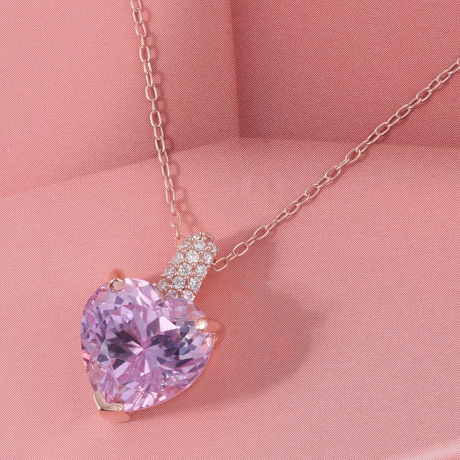 D'Joy AAAA Patroke Kunzite and Moissanite 5.25 ctw Blush of Love Pendant Necklace in 18K Vermeil Rose Gold Over Sterling Silver 20 Inches