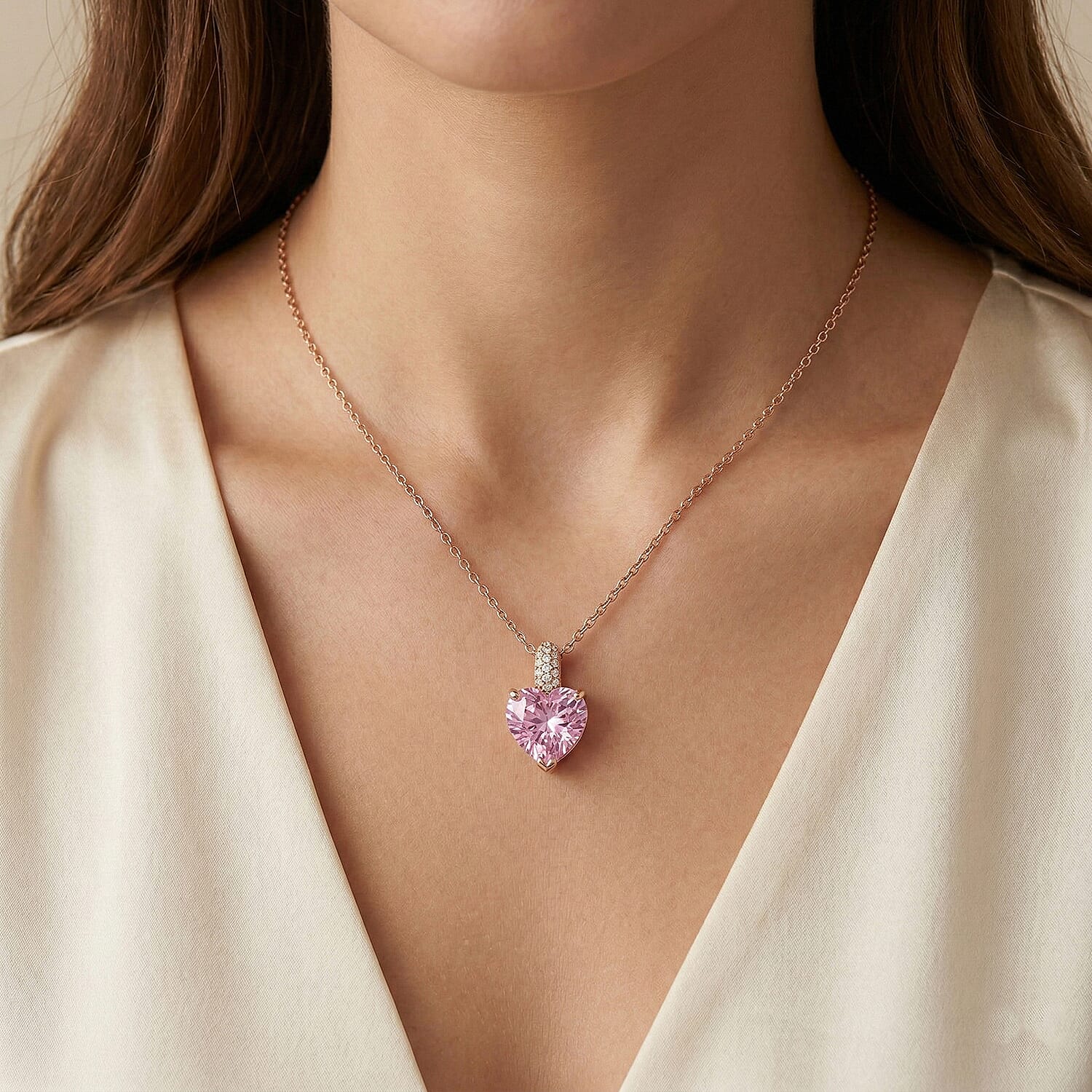 D'Joy AAAA Patroke Kunzite and Moissanite 5.25 ctw Blush of Love Pendant Necklace in 18K Vermeil Rose Gold Over Sterling Silver 20 Inches