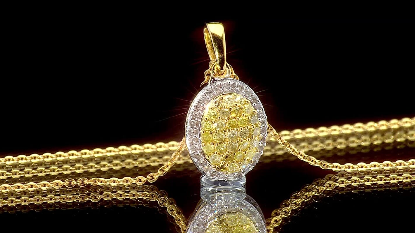 D'Joy Natural Yellow and White Diamond I3 0.50 ctw Sunburst Halo Pendant Necklace in 18K Vermeil Yellow Gold Over Sterling Silver 20 Inches