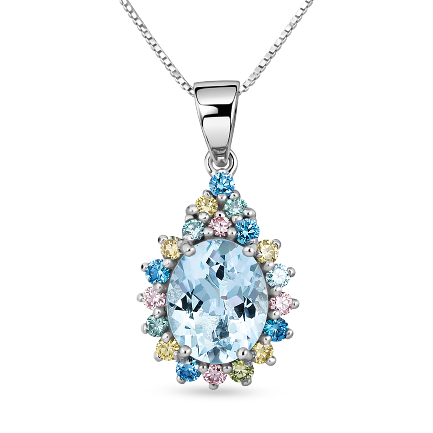 AAA Mangoro Aquamarine and Luxuriant Lab Grown Multi Diamond IR SI Ocean Bloom Pendant Necklace in Rhodium Over Sterling Silver