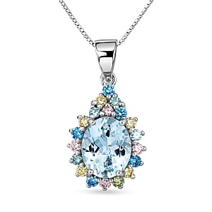 AAA Mangoro Aquamarine and Luxuriant Lab Grown Multi Diamond IR SI Pendant Necklace in Rhodium Over Sterling Silver 20 Inches 