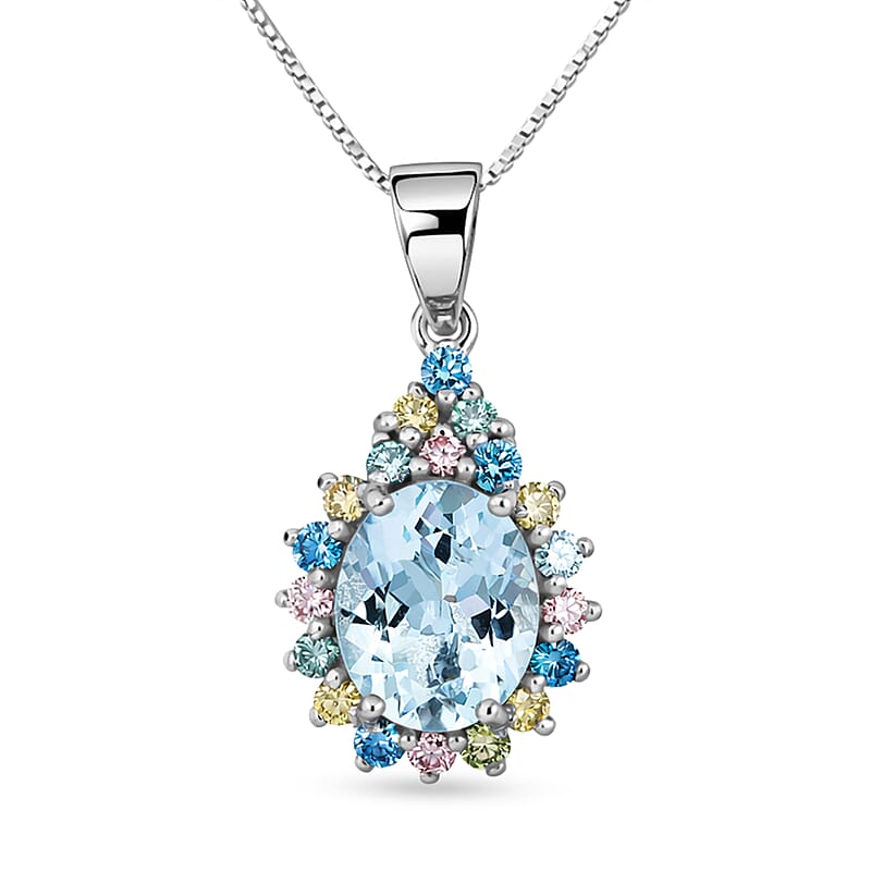 AAA Mangoro Aquamarine and Luxuriant Lab Grown Multi Diamond IR SI Ocean Bloom Pendant Necklace in Rhodium Over Sterling Silver 20 Inches