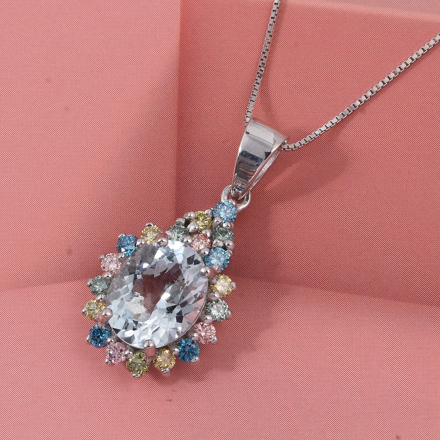 AAA Mangoro Aquamarine and Luxuriant Lab Grown Multi Diamond IR SI Ocean Bloom Pendant Necklace in Rhodium Over Sterling Silver 20 Inches