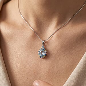 AAA Mangoro Aquamarine and Luxuriant Lab Grown Multi Diamond IR SI Pendant Necklace in Rhodium Over Sterling Silver 20 Inches 