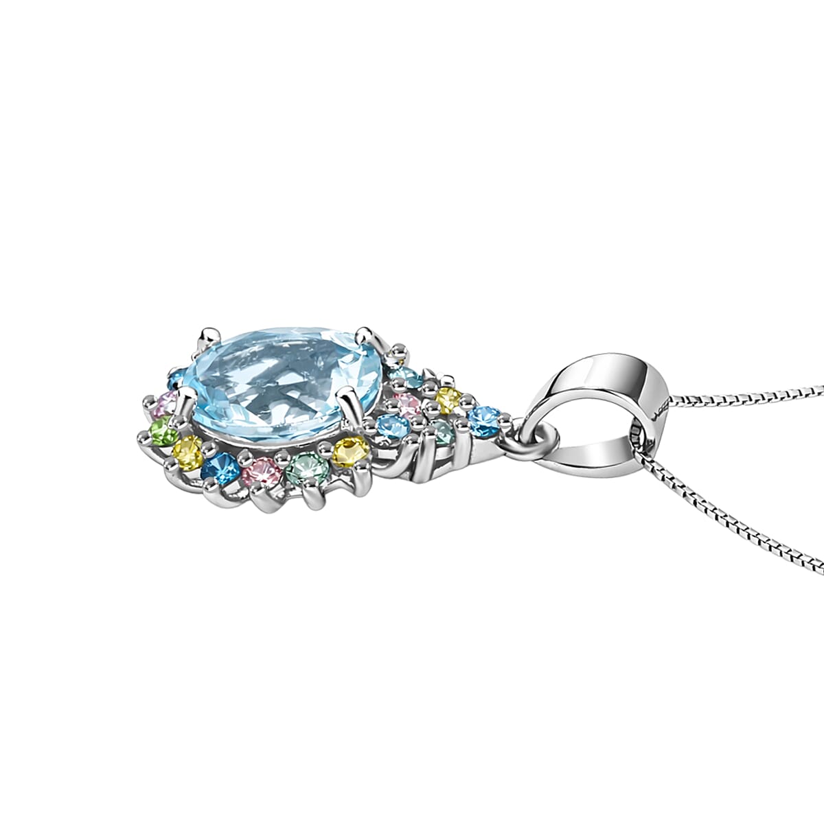 AAA Mangoro Aquamarine and Luxuriant Lab Grown Multi Diamond IR SI Pendant Necklace in Rhodium Over Sterling Silver 20 Inches  image number 3