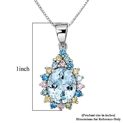 AAA Mangoro Aquamarine and Luxuriant Lab Grown Multi Diamond IR SI Ocean Bloom Pendant Necklace in Rhodium Over Sterling Silver 20 Inches