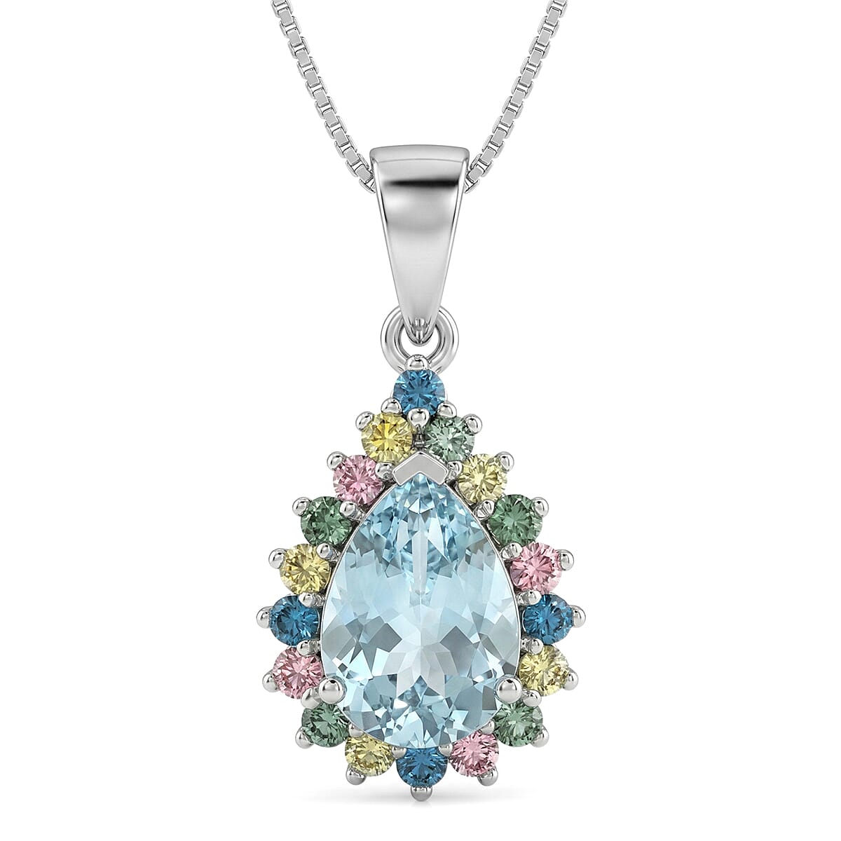 AAA Mangoro Aquamarine and Luxuriant Lab Grown Multi Diamond IR SI 2.85 ctw Ocean Bloom Pendant Necklace in Rhodium Over Sterling Silver 20 Inches