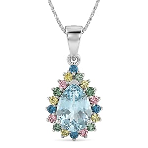 AAA Mangoro Aquamarine and Luxuriant Lab Grown Multi Diamond IR SI 2.85 ctw Pendant Necklace in Rhodium Over Sterling Silver 20 Inches 