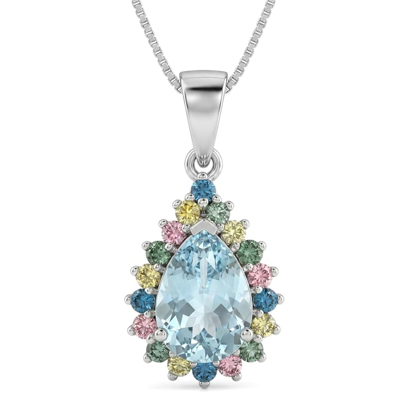AAA Mangoro Aquamarine and Luxuriant Lab Grown Multi Diamond IR SI 2.85 ctw Ocean Bloom Pendant Necklace in Rhodium Over Sterling Silver 20 Inches