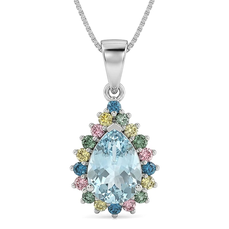 AAA Mangoro Aquamarine and Luxuriant Lab Grown Multi Diamond IR SI 2.85 ctw Ocean Bloom Pendant Necklace in Rhodium Over Sterling Silver 20 Inches