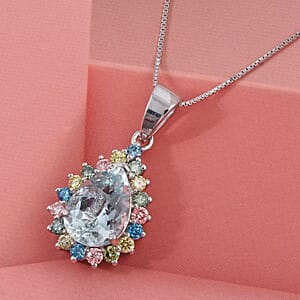AAA Mangoro Aquamarine and Luxuriant Lab Grown Multi Diamond IR SI 2.85 ctw Pendant Necklace in Rhodium Over Sterling Silver 20 Inches 