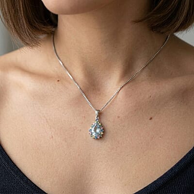 AAA Mangoro Aquamarine and Luxuriant Lab Grown Multi Diamond IR SI 2.85 ctw Ocean Bloom Pendant Necklace in Rhodium Over Sterling Silver 20 Inches