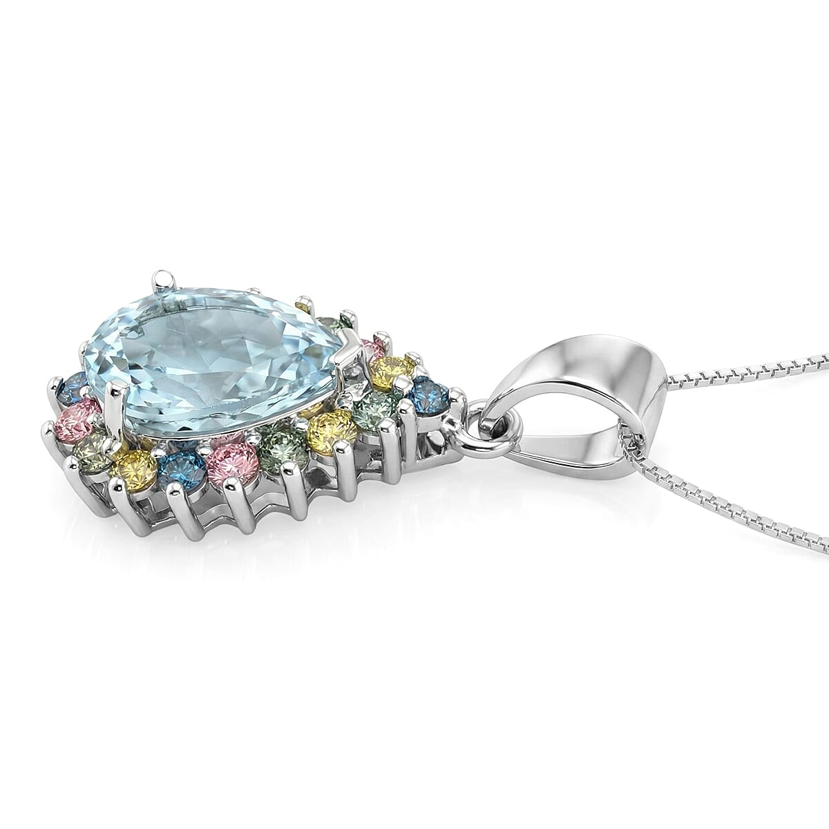 AAA Mangoro Aquamarine and Luxuriant Lab Grown Multi Diamond IR SI 2.85 ctw Ocean Bloom Pendant Necklace in Rhodium Over Sterling Silver 20 Inches