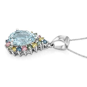 AAA Mangoro Aquamarine and Luxuriant Lab Grown Multi Diamond IR SI 2.85 ctw Pendant Necklace in Rhodium Over Sterling Silver 20 Inches 