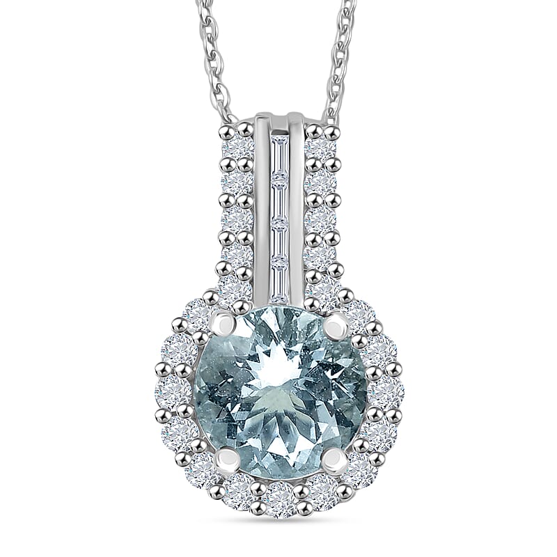 Certified & Appraised D'Joy Premium Mangoro Aquamarine, Moissanite Pendant Necklace (20 Inch) in Rhodium Over Sterling Silver