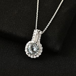 Certified & Appraised D'Joy Premium Mangoro Aquamarine, Moissanite Pendant Necklace (20 Inch) in Rhodium Over Sterling Silver