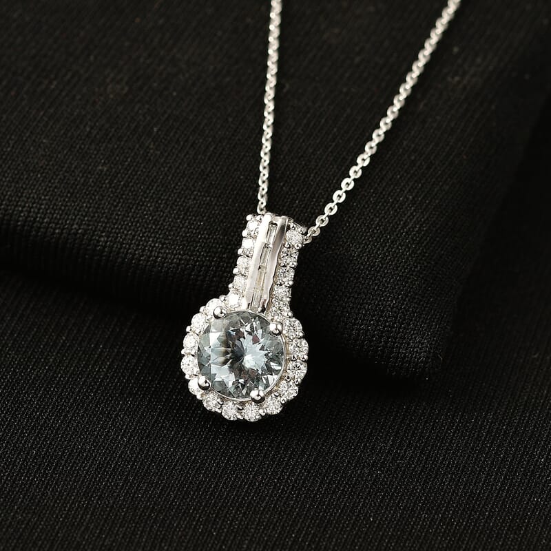 Certified & Appraised D'Joy Premium Mangoro Aquamarine, Moissanite Pendant Necklace (20 Inch) in Rhodium Over Sterling Silver