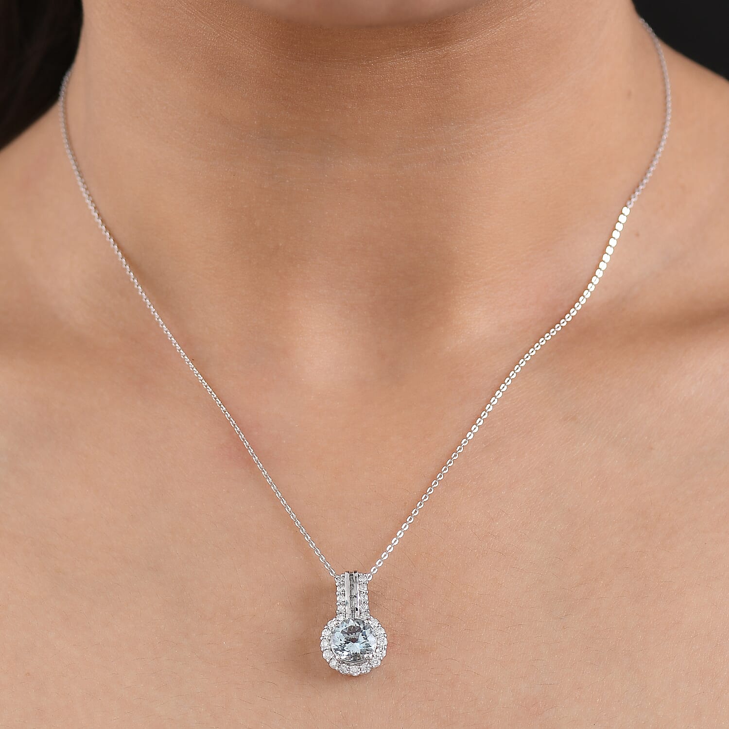 Certified & Appraised D'Joy Premium Mangoro Aquamarine, Moissanite Pendant Necklace (20 Inch) in Rhodium Over Sterling Silver
