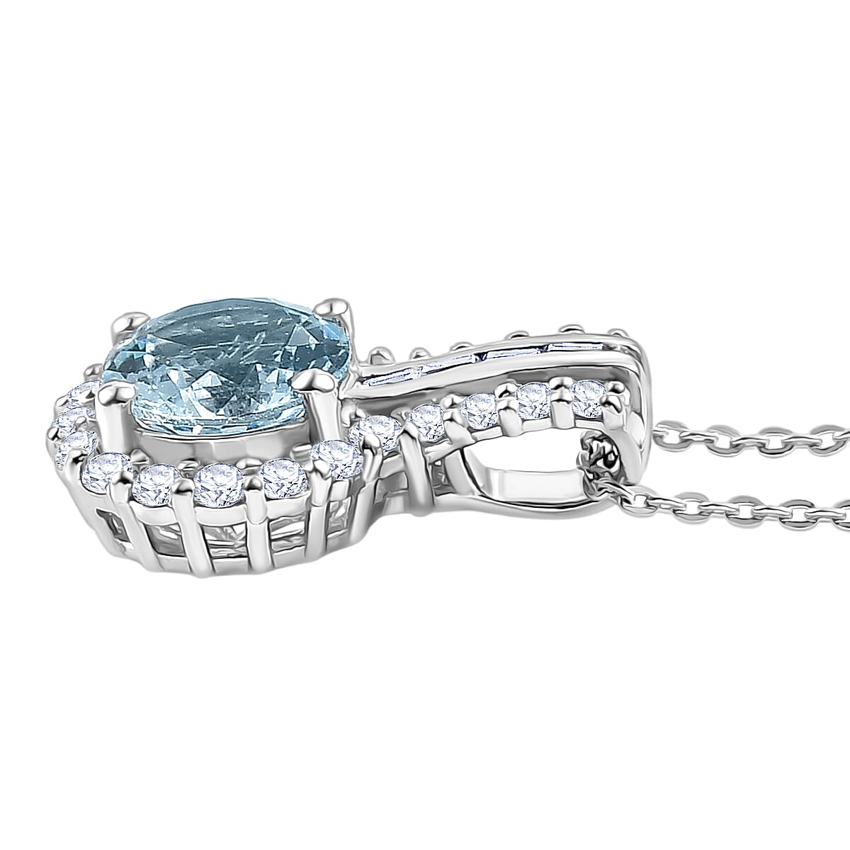 Certified & Appraised D'Joy Premium Mangoro Aquamarine, Moissanite Pendant Necklace (20 Inch) in Rhodium Over Sterling Silver image number 3