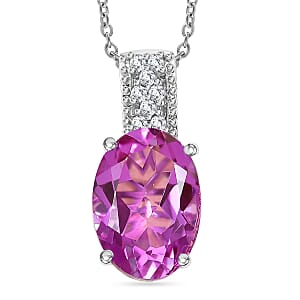 Evertrue African Lilac Quartz (Triplet) and White Zircon 6.10 ctw Pendant in Platinum Bond with Stainless Steel Necklace 20 Inches