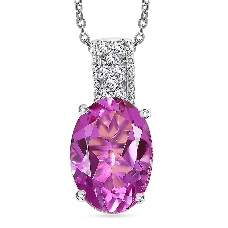 Evertrue African Lilac Quartz (Triplet) and White Zircon 6.10 ctw Tulip Blush Pendant in Platinum Bond with Stainless Steel Necklace 20 Inches