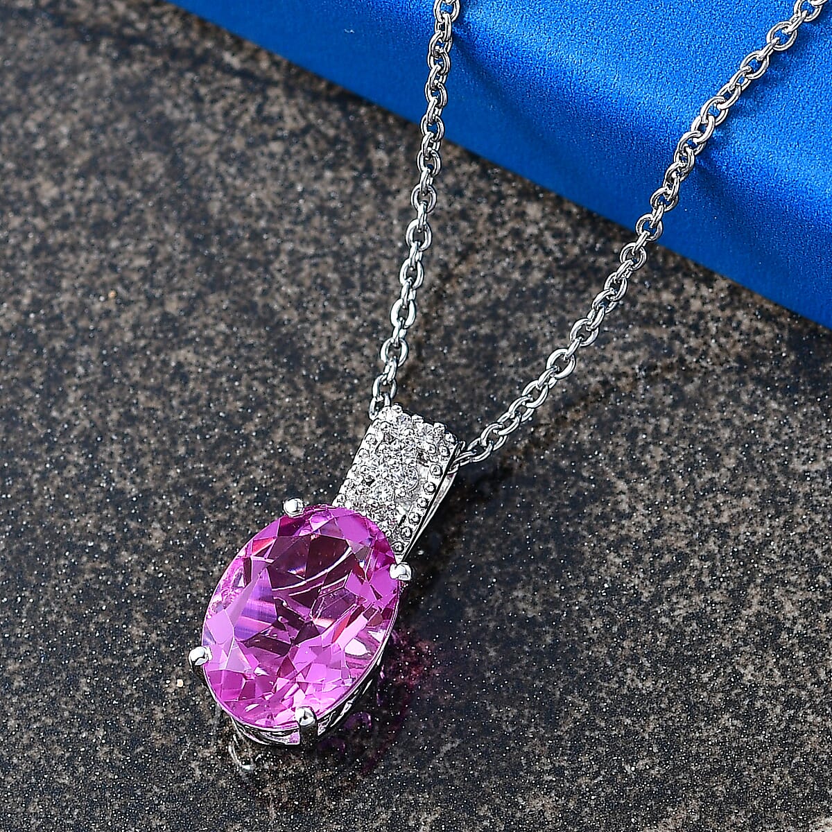 Evertrue African Lilac Quartz (Triplet) and White Zircon 6.10 ctw Pendant in Platinum Bond with Stainless Steel Necklace 20 Inches image number 1