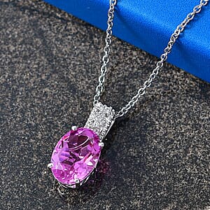 Evertrue African Lilac Quartz (Triplet) and White Zircon 6.10 ctw Pendant in Platinum Bond with Stainless Steel Necklace 20 Inches