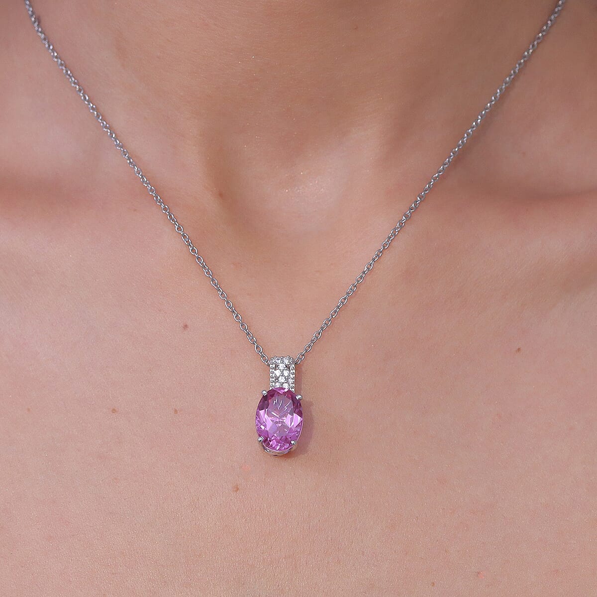 Evertrue African Lilac Quartz (Triplet) and White Zircon 6.10 ctw Pendant in Platinum Bond with Stainless Steel Necklace 20 Inches image number 2