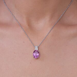 Evertrue African Lilac Quartz (Triplet) and White Zircon 6.10 ctw Pendant in Platinum Bond with Stainless Steel Necklace 20 Inches