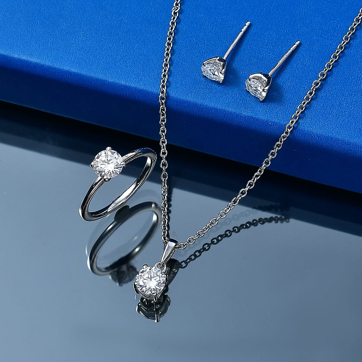 EverTrue Moissanite (Rnd 6mm) Earrings, Ring (Size 5.00) and Pendant in Platinum Bond with Stainless Steel Necklace (20 Inches) 2.40 ctw image number 1