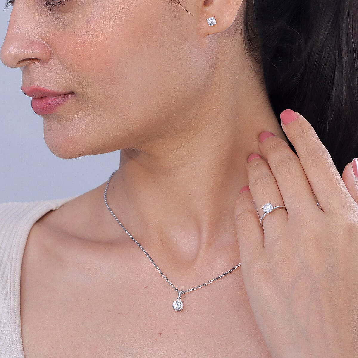 EverTrue Moissanite 2.40 ctw Earrings, Ring (Size 6.00) and Pendant in Platinum Bond with Stainless Steel Necklace 20 Inches image number 2