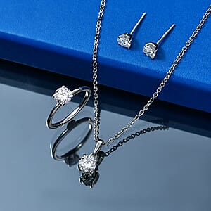 EverTrue Moissanite 2.40 ctw Earrings, Ring (Size 7.00) and Pendant in Platinum Bond with Stainless Steel Necklace 20 Inches