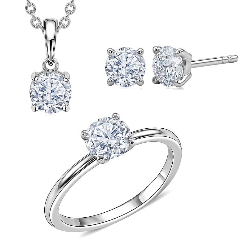 EverTrue Moissanite 2.40 ctw Classic Solitaire Earrings, Ring (Size 9.00) and Pendant in Platinum Bond with Stainless Steel Necklace 20 Inches