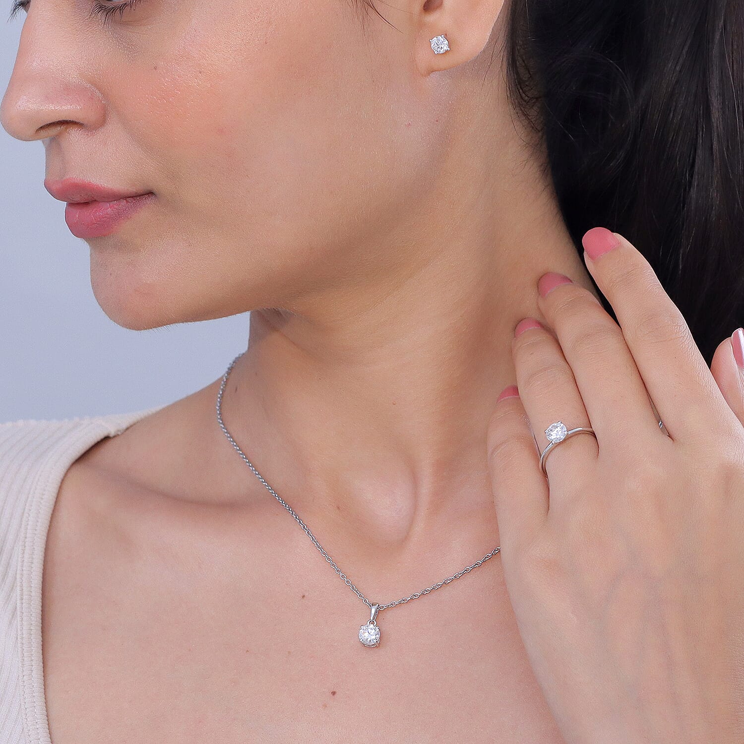 EverTrue Moissanite 2.40 ctw Classic Solitaire Earrings, Ring (Size 9.00) and Pendant in Platinum Bond with Stainless Steel Necklace 20 Inches