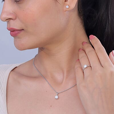 EverTrue Moissanite 2.40 ctw Classic Solitaire Earrings, Ring (Size 9.00) and Pendant in Platinum Bond with Stainless Steel Necklace 20 Inches