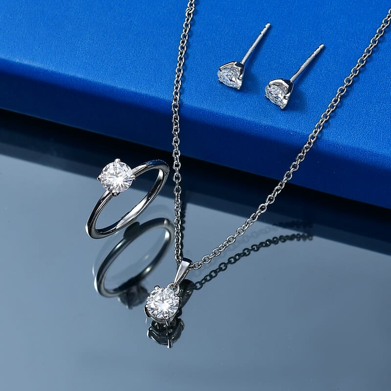 EverTrue Moissanite 2.40 ctw Classic Solitaire Earrings, Ring (Size 10.00) and Pendant in Platinum Bond with Stainless Steel Necklace 20 Inches