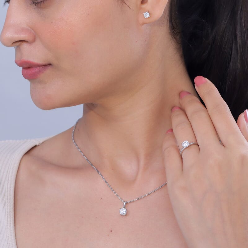 EverTrue Moissanite 2.40 ctw Classic Solitaire Earrings, Ring (Size 10.00) and Pendant in Platinum Bond with Stainless Steel Necklace 20 Inches