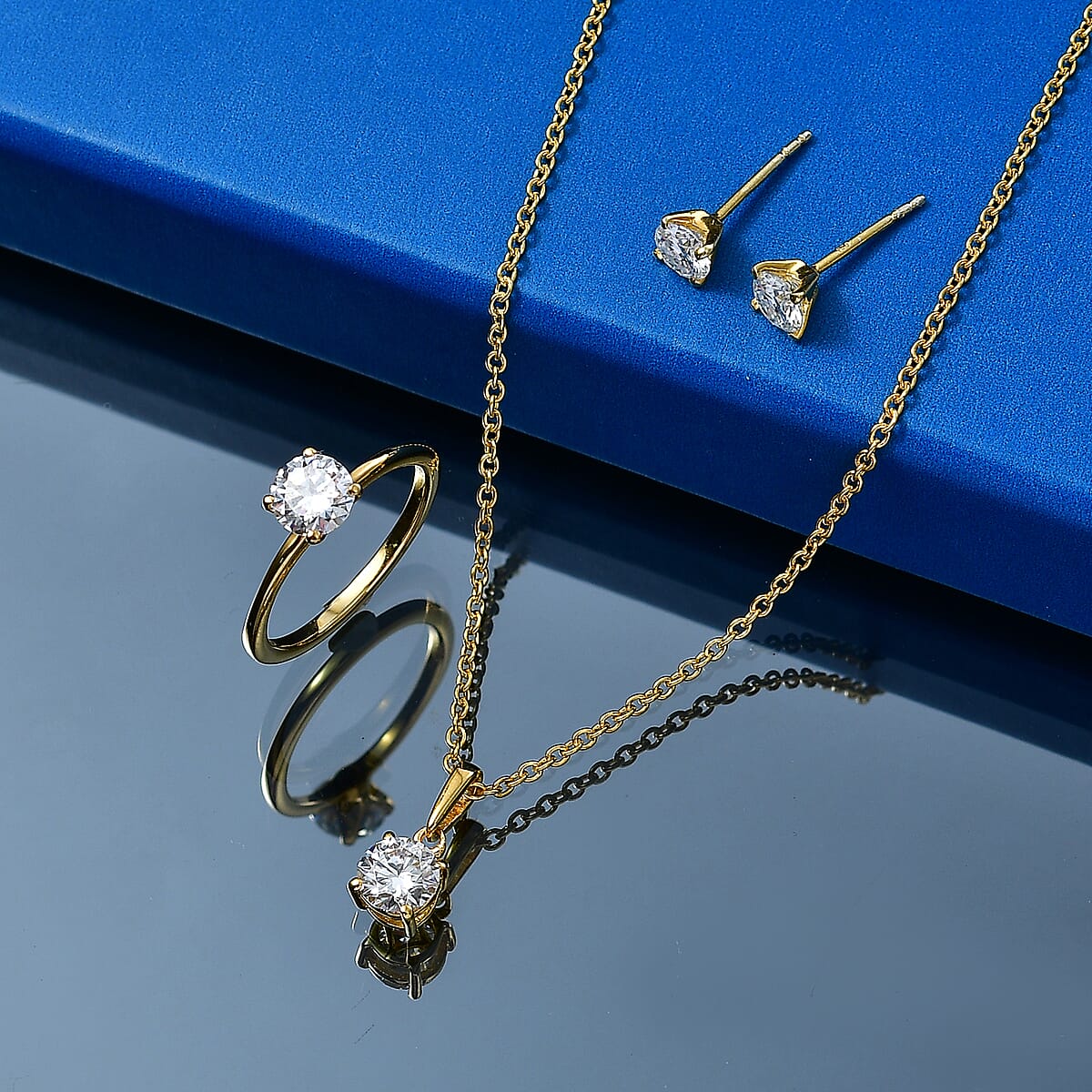 EverTrue Moissanite 2.30 ctw Earrings, Ring (Size 5.00) and Pendant in 18K YG Plated with ION Plated YG Stainless Steel Necklace 20 Inches image number 1