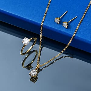 EverTrue Moissanite 2.30 ctw Earrings, Ring (Size 5.00) and Pendant in 18K YG Plated with ION Plated YG Stainless Steel Necklace 20 Inches