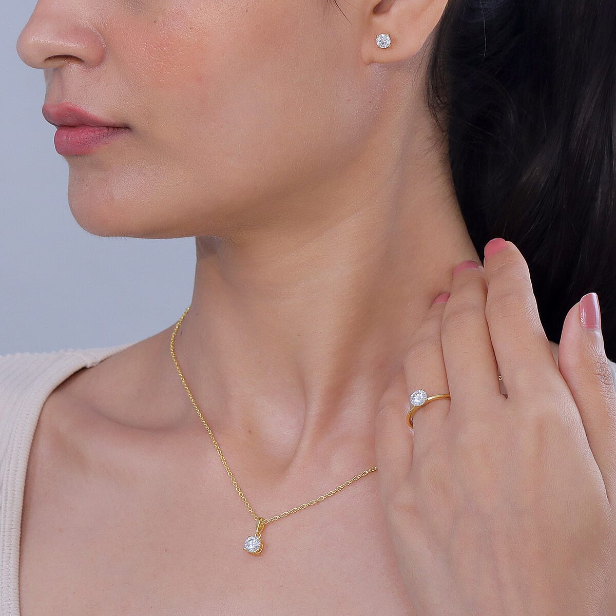 EverTrue Moissanite 2.30 ctw Earrings, Ring (Size 5.00) and Pendant in 18K YG Plated with ION Plated YG Stainless Steel Necklace 20 Inches image number 2