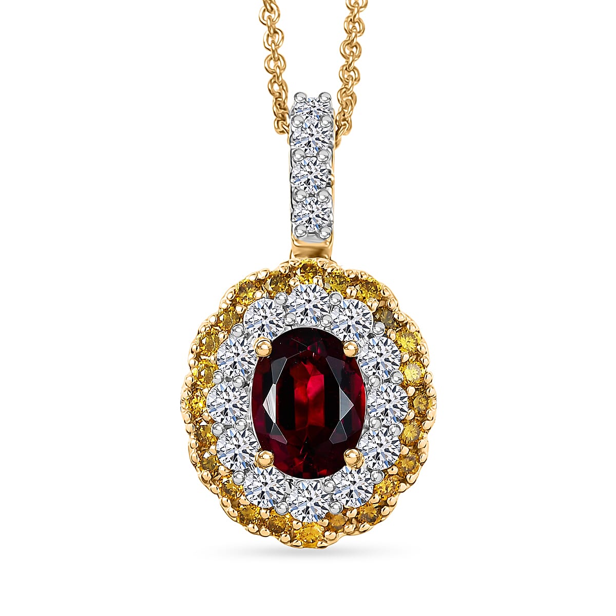 AAA Ouro Fino Rubellite and Luxuriant Lab Grown Yellow and White Diamond (IR) (SI) 2.35 ctw Pendant Necklace in 10K Yellow Gold 20 Inches