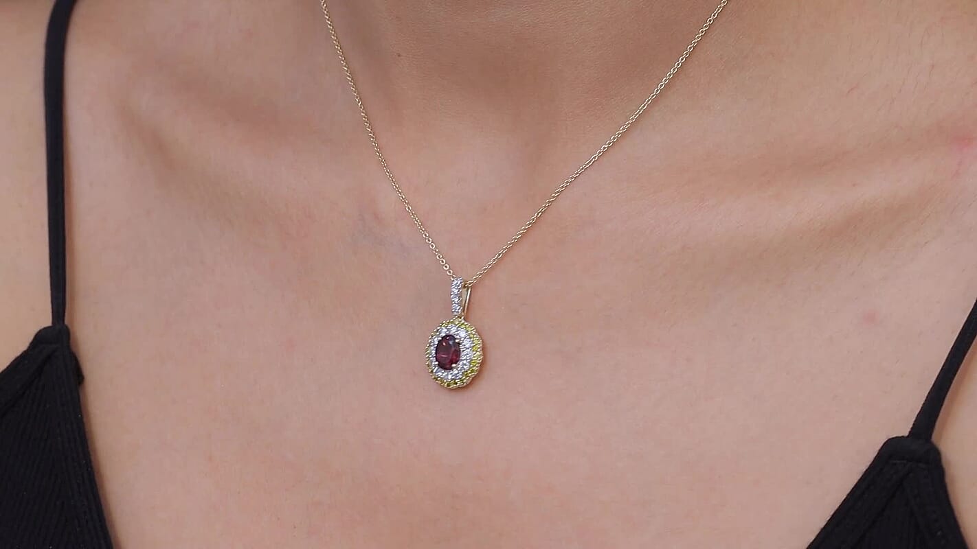 AAA Ouro Fino Rubellite and Luxuriant Lab Grown Yellow and White Diamond (IR) (SI) 2.34 ctw Pendant Necklace in 10K Yellow Gold 20 Inches