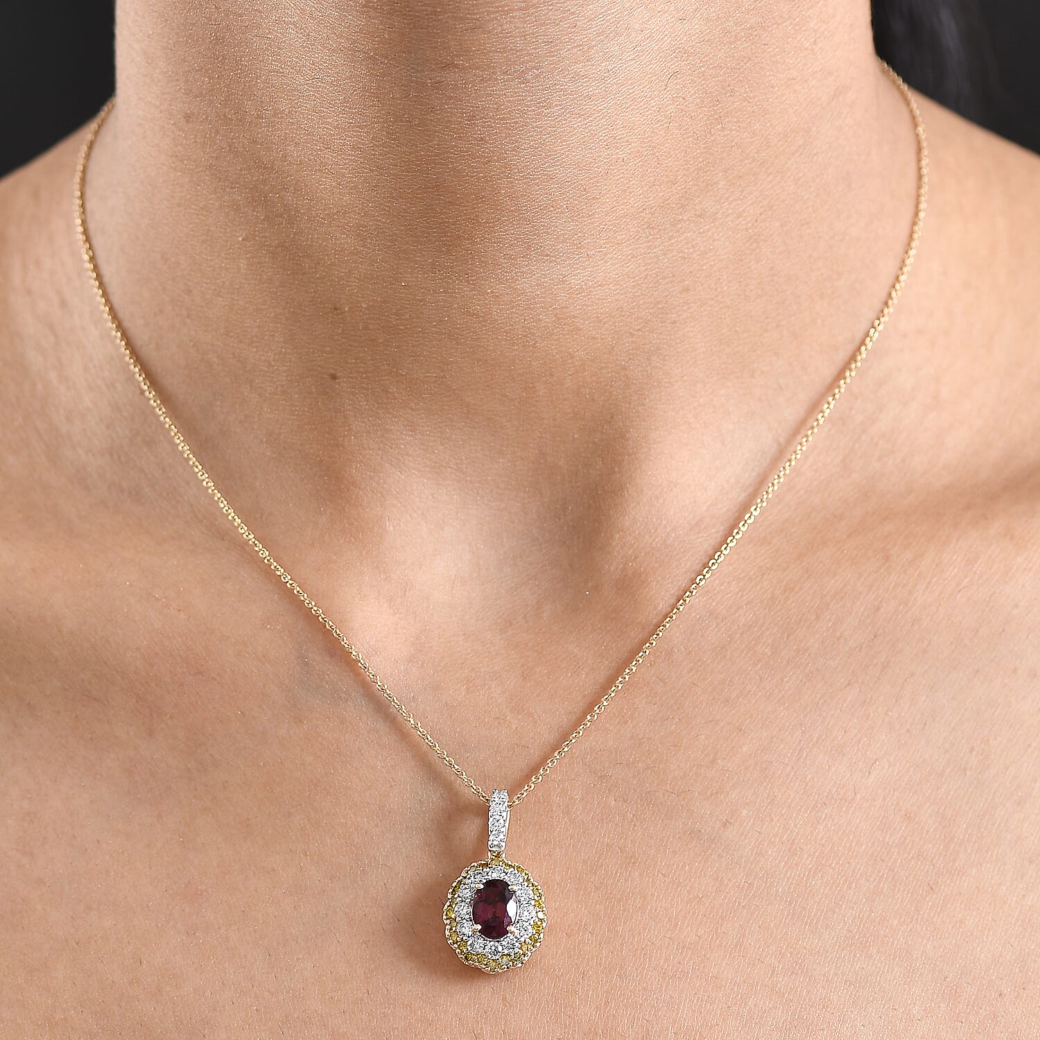AAA Ouro Fino Rubellite and Luxuriant Lab Grown Yellow and White Diamond (IR) (SI) 2.35 ctw Pendant Necklace in 10K Yellow Gold 20 Inches
