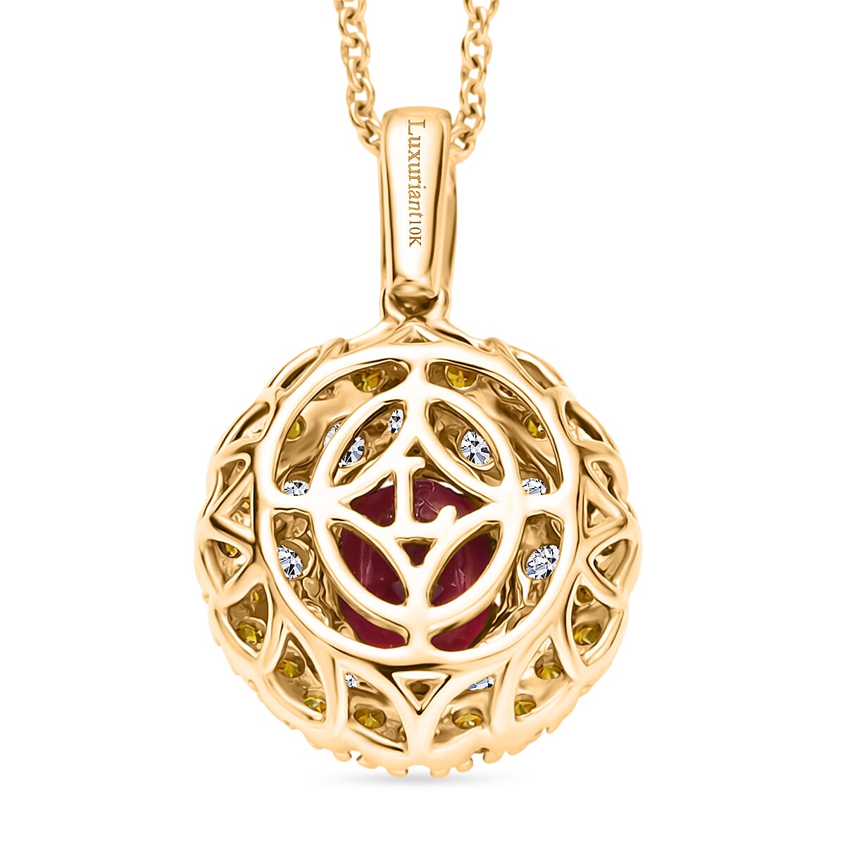 AAA Ouro Fino Rubellite and Luxuriant Lab Grown Yellow and White Diamond (IR) (SI) 2.35 ctw Pendant Necklace in 10K Yellow Gold 20 Inches