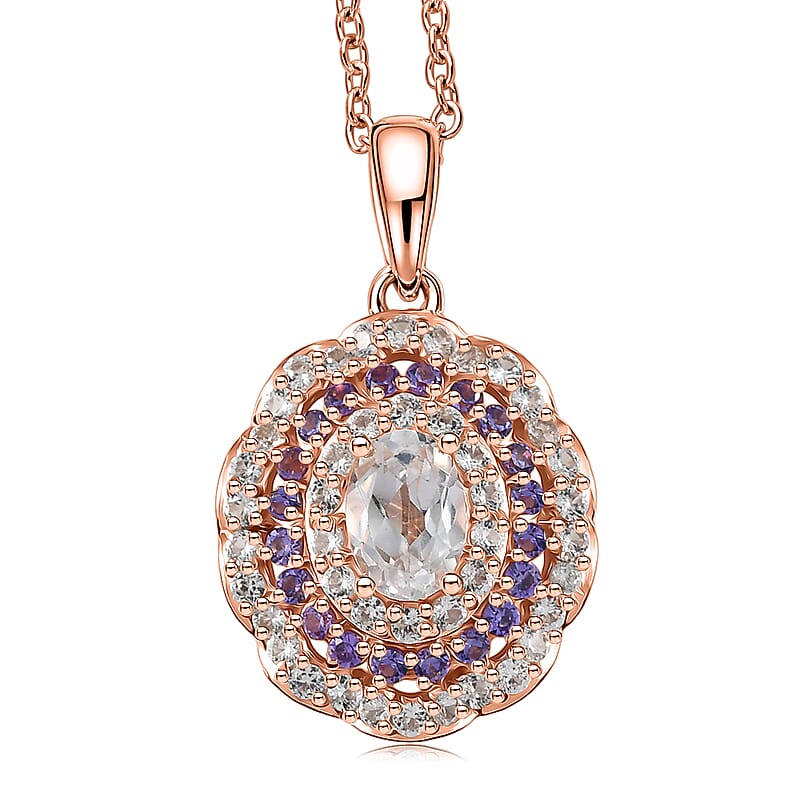 EverTrue Lab Created White and Purple Sapphire 2.30 ctw Royal Blush Halo Pendant in 18K RG Plated with ION Plated RG Stainless Steel Necklace 20 Inches
