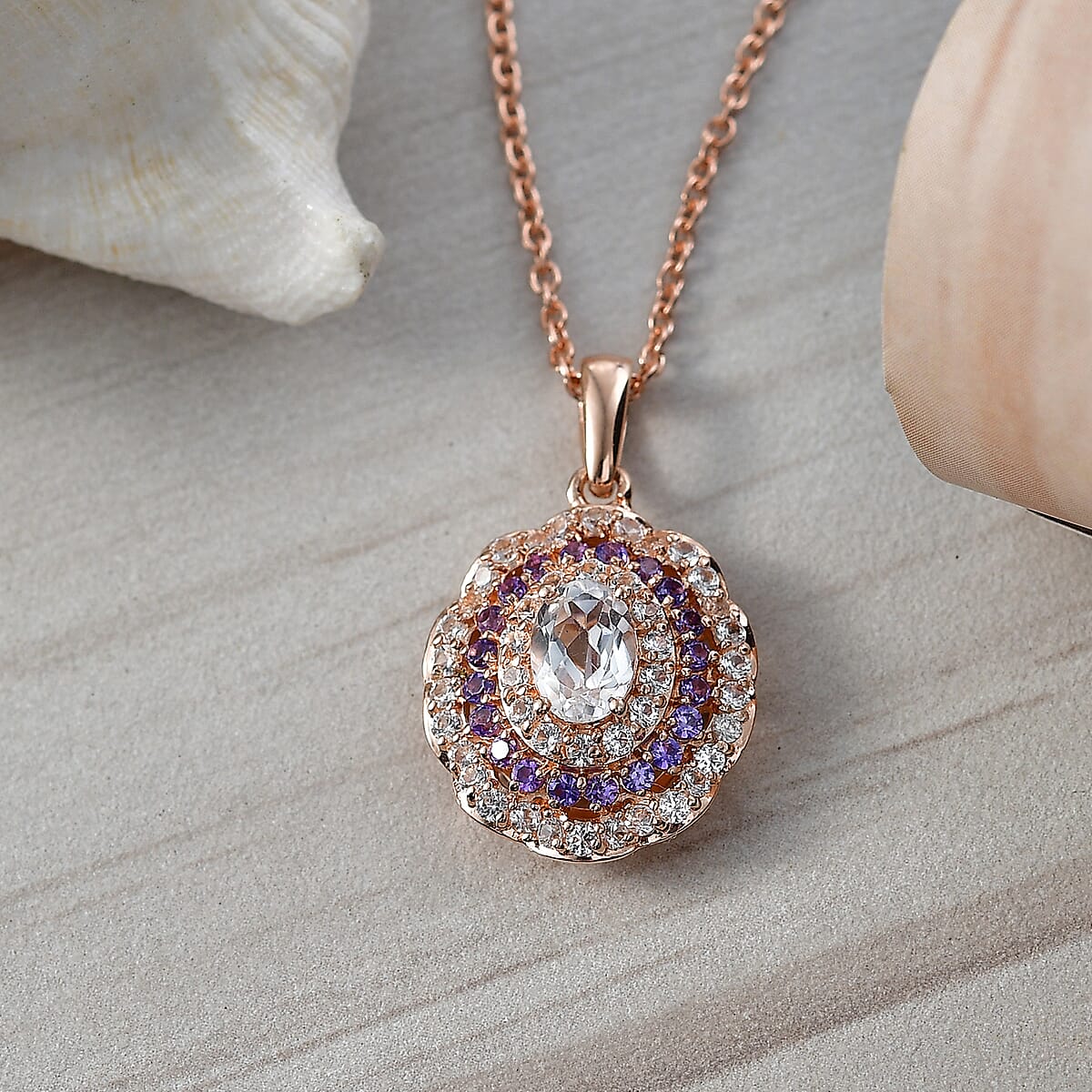 EverTrue Lab Created White and Purple Sapphire 2.30 ctw Royal Blush Halo Pendant in 18K RG Plated with ION Plated RG Stainless Steel Necklace 20 Inches image number 1